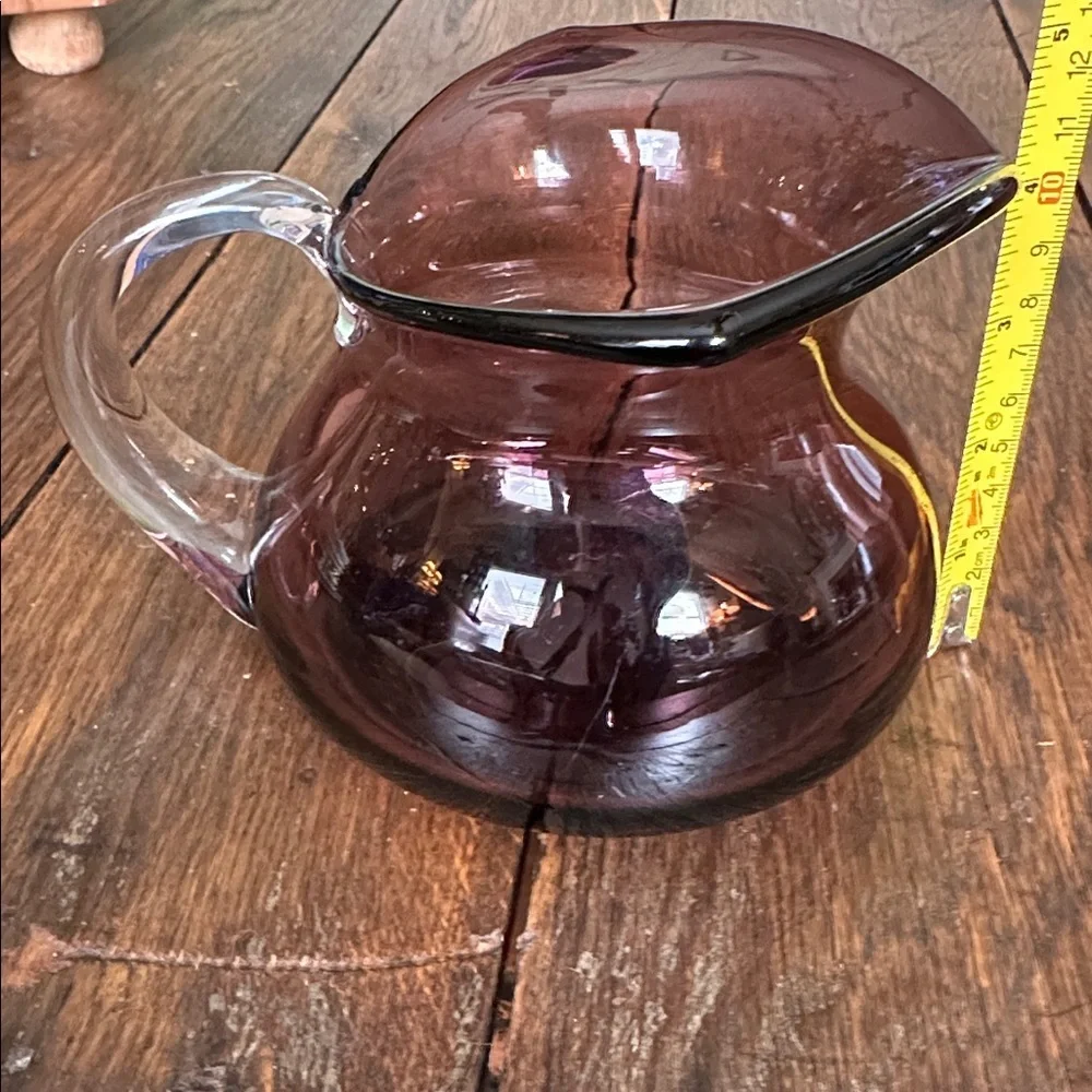 Vintage Hand Blown Amethyst Glass Pitcher Vase Applied Clear Handle Art Glass